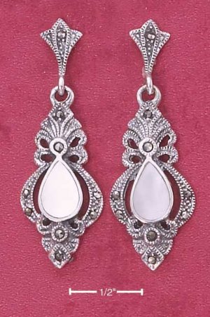 Fancy Victorian style Sterling Silver Mother of Pearl Earrings with Marcasite stones