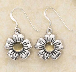 Cute Sterling Silver Yellow Citrine Flower Earrings
