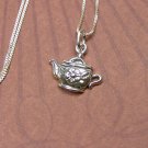 Sterling Silver Teapot charm with flower design and chain Necklace