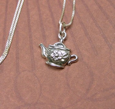 Sterling Silver Teapot charm with flower design and chain Necklace