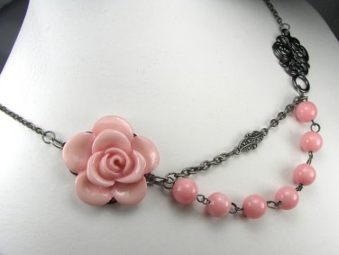 Vintage style Pink Flower adjustable Necklace with pink jade beads