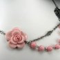 Vintage style Pink Flower adjustable Necklace with pink jade beads