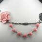 Vintage style Pink Flower adjustable Necklace with pink jade beads