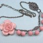 Vintage style Pink Flower adjustable Necklace with pink jade beads