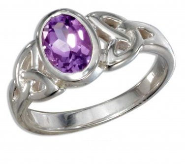 Sterling silver ring with an Oval Amethyst Stone and Celtic Trinity knot design in size 6