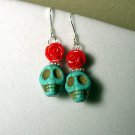 Fun sterling silver earrings with Turquoise skulls and red rose