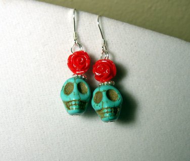 Fun sterling silver earrings with Turquoise skulls and red rose