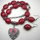 Dark Red beaded necklace and matching earrings with two heart pendants