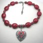 Dark Red beaded necklace and matching earrings with two heart pendants