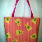 Large Tote - Webbing Handles - Pink Striped with Yellow Bears
