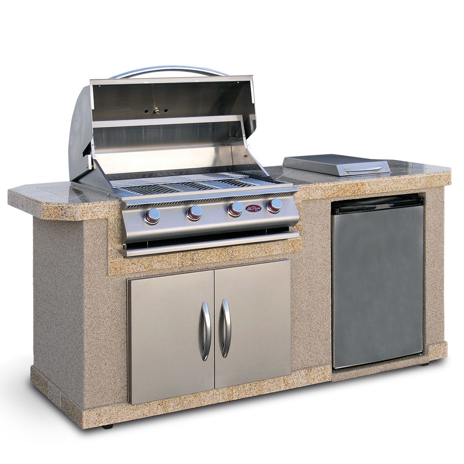 Cal Flame 7' Stucco BBQ Island with 4Burner Gas Grill and Built In