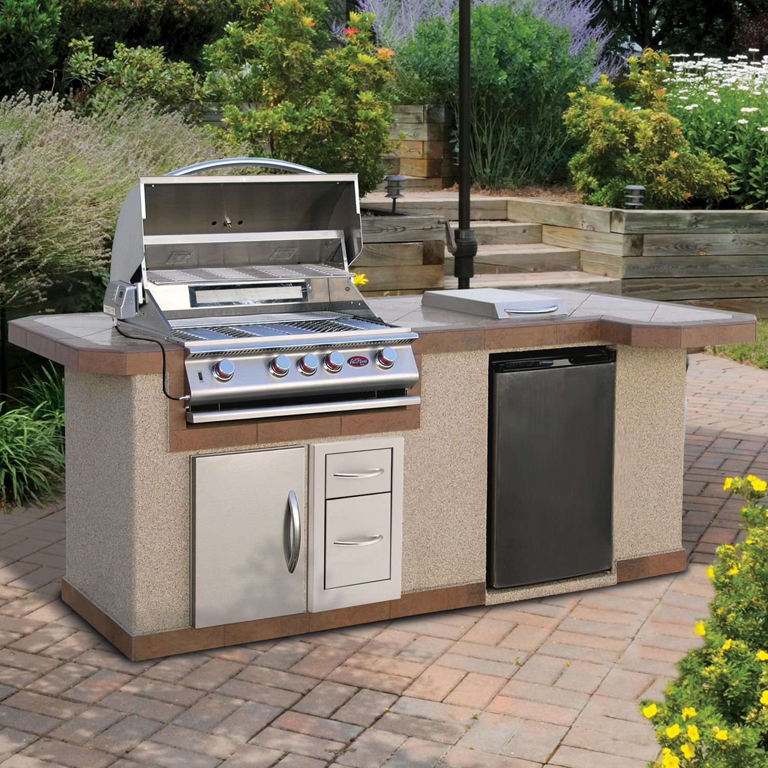 Cal Flame 8' Stucco BBQ Island and Side Bar with 4-Burner Gas Grill