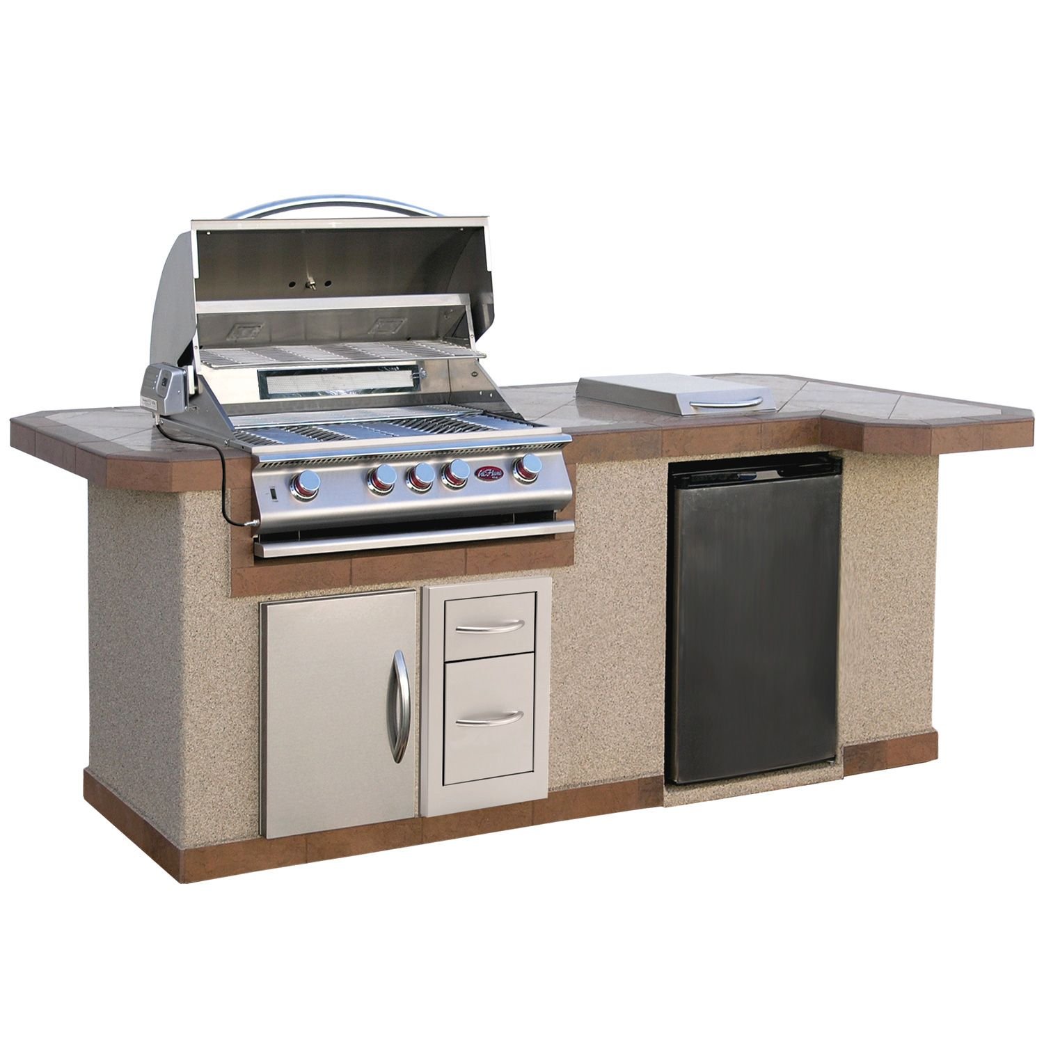 Cal Flame 8' Stucco BBQ Island and Side Bar with 4-Burner Gas Grill