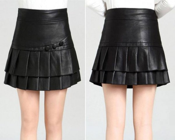 Pleated Leather Mini Skirt with 3 Buttons Pleated