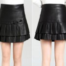 Pleated Leather Mini Skirt with 3 Buttons Pleated