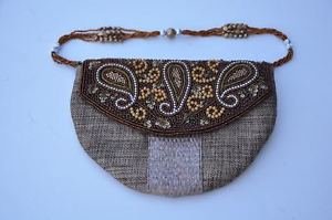 Khaki Jute Zari Sling Embroidered Hand Bag By Teknowear