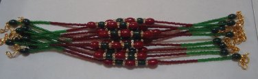 Ruby Red & Emerald Rakhi/Bracelet With Clear Crystal Stones Knotted With Beads