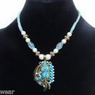 Affair Beaded Collar/Choker/Charm Necklace/Earrings Set in Sea Blue by Teknowear