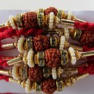 Aru Rakhi In Gold Tone Clear Crystals With Rudraksh & Natural Pearl By Teknowear