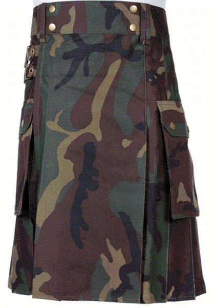 Mens Jungle Camouflage Utility Combat Kilt Punk Goth Style 30 Size kilt with Cargo Pockets