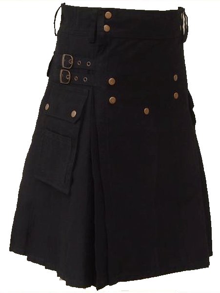 48 Size Black Scottish Utility cotton Kilt Working Kilt with Cargo Pockets and Front Brass Buttons