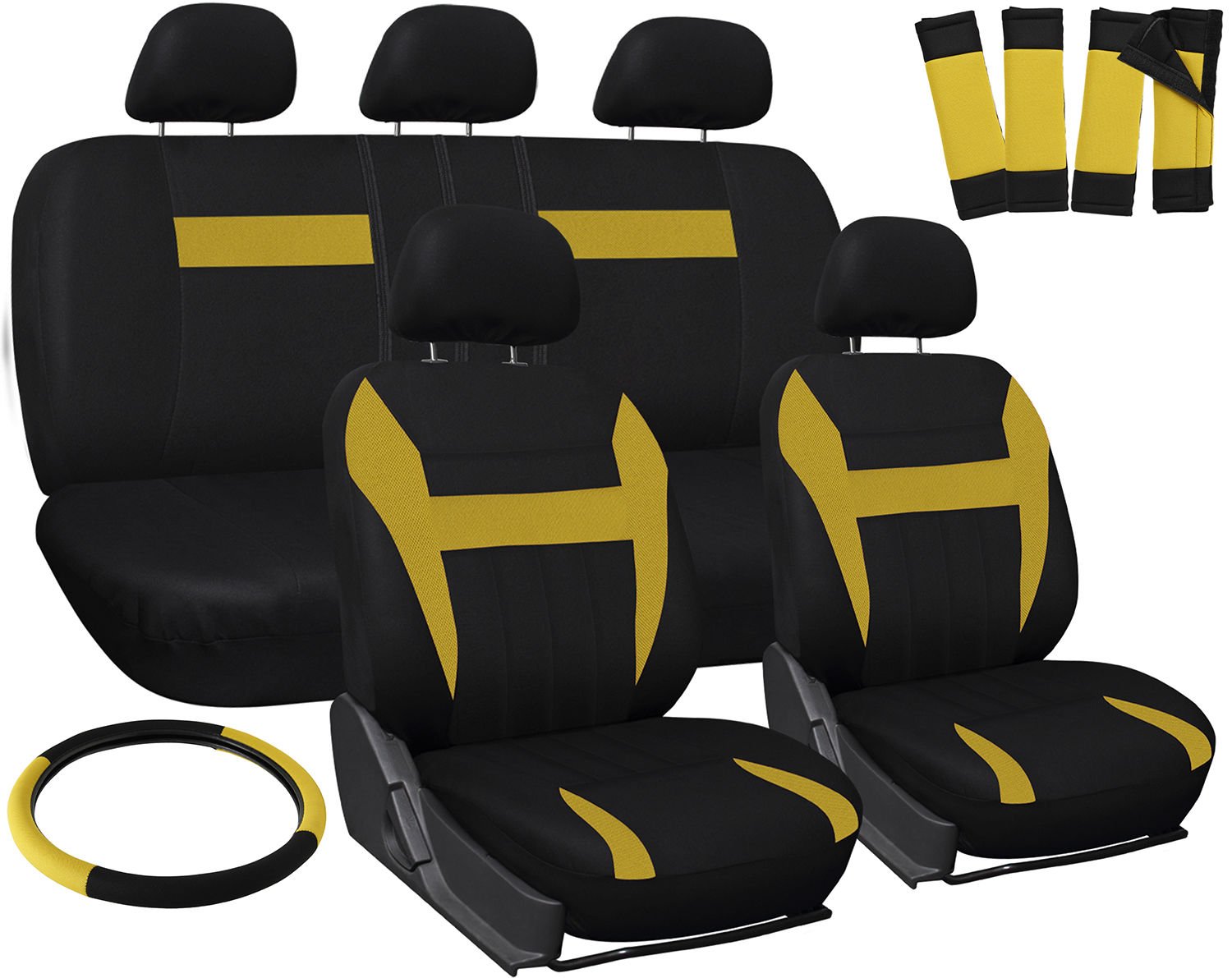New Car Seat Covers Yellow Black 17pc Set for Auto Steering Wheel/Belt Pad/Head Rest