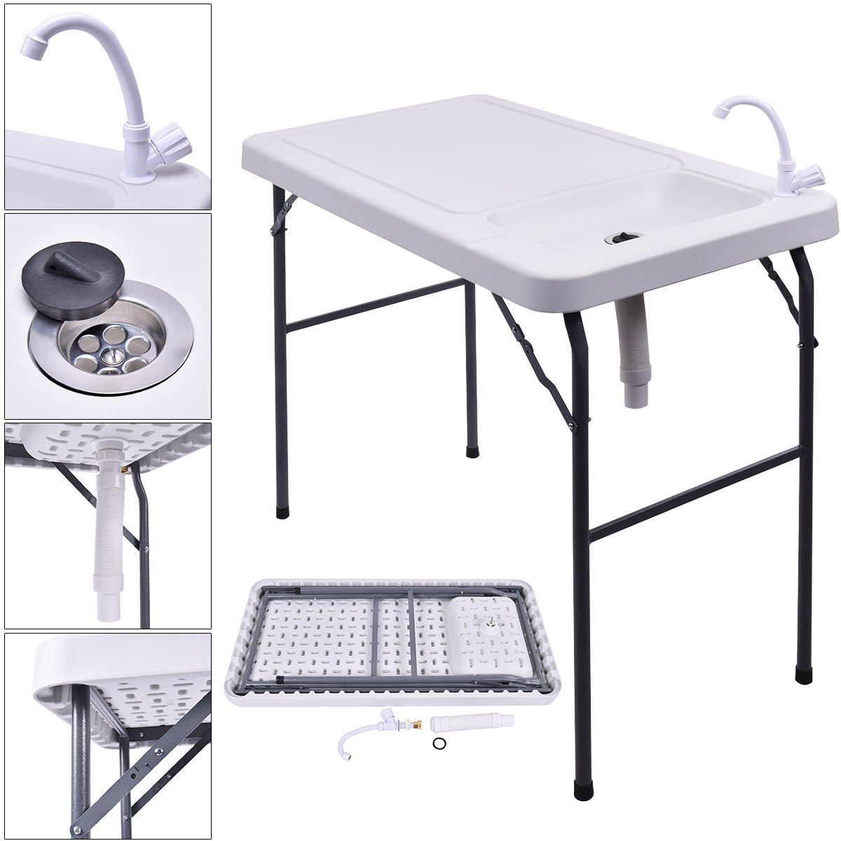 2017 Folding Portable Fish Table Hunting Cleaning Cutting Camping Sink Faucet