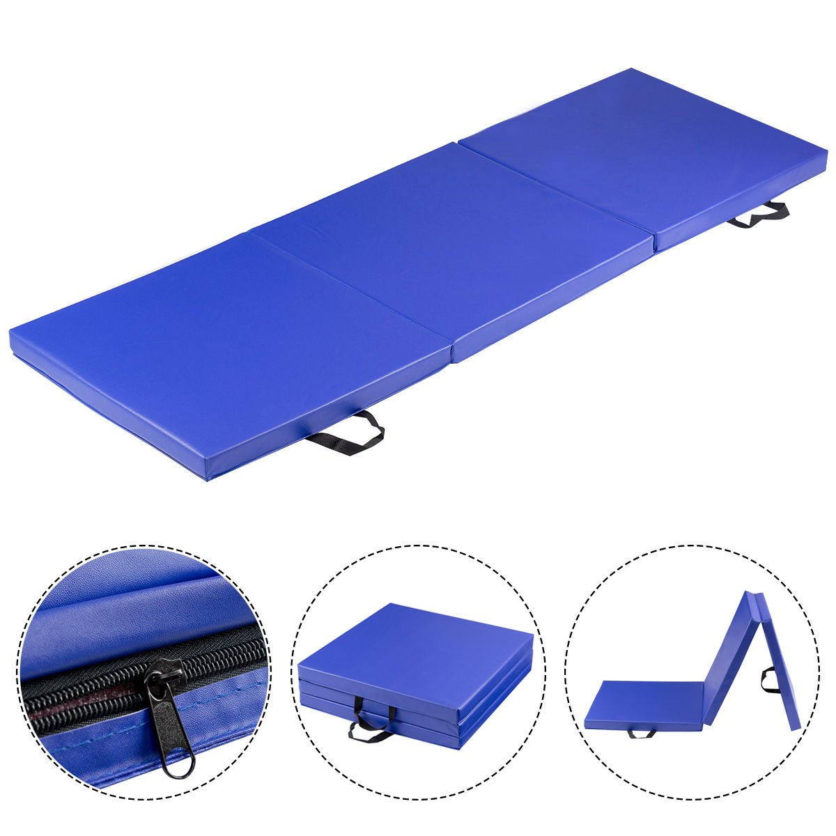 Blue TriFold Gymnastics Mat 6'x2' Folding Fitness Exercise w/ Carrying