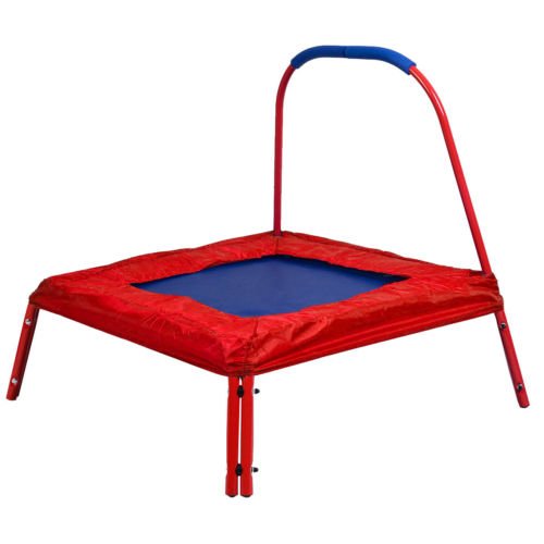 Red Square Jumping Trampoline 3' x 3' FT Kids w/ Handle Bar and Safety Pad