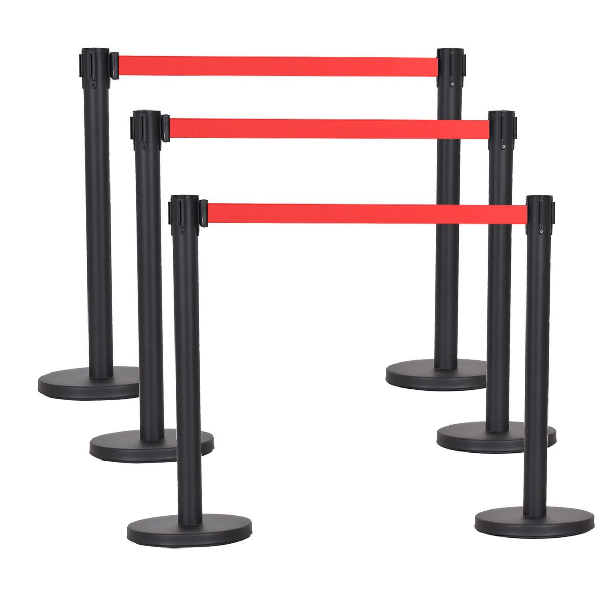 6Pcs Black Stanchion Posts Queue Pole Retractable Red Belt Crowd Control Barrier
