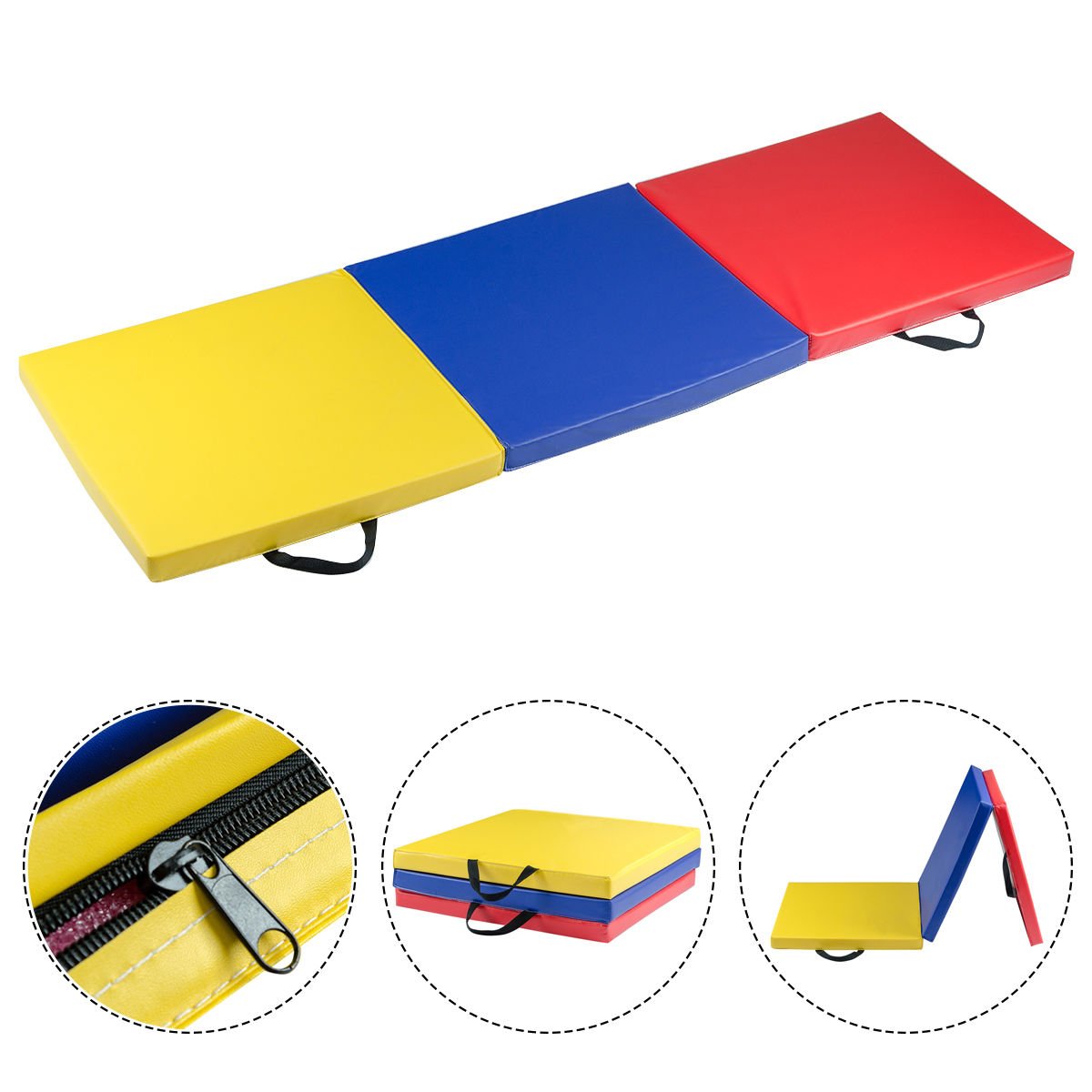 Colorful Tri-Fold Gymnastics Mat 6'x2' Folding Fitness Exercise Carrying Handles