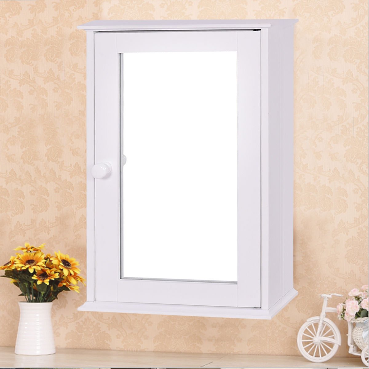 New Bathroom Wall Cabinet Single Mirror Door Cupboard Storage Wood Shelf White