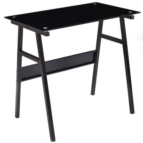 Black Computer Desk Writing Table Glass Top Metal Leg Study Decor Home Office