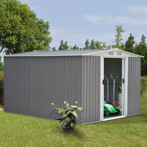 10 x 8FT Garden Storage Shed Tool House Sliding Door Galvanized Steel Gray New