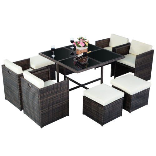9PC Outdoor Patio Garden Rattan Wicker Sofa Set Furniture Cushioned With Ottoman