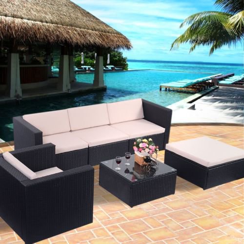 6 PCS Outdoor Patio Rattan Wicker Sectional Furniture Set Table Sofa Cushioned