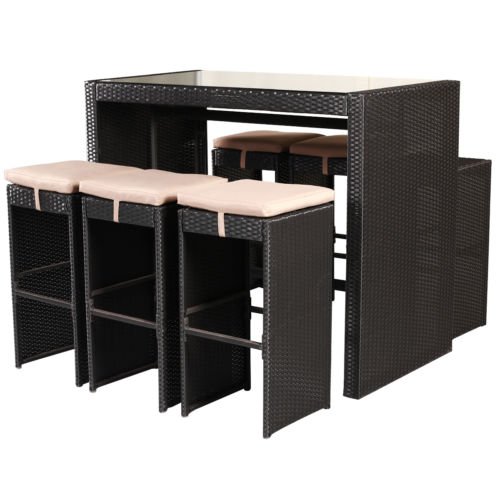 7 PCS Rattan Wicker Bar Table Stools Furniture Set Garden Backyard Patio Cushion