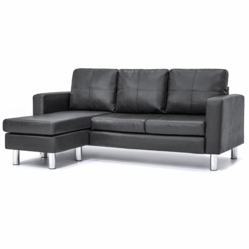Leather L-Shape Sectional Sofa Couch w/ Reversible Chaise Ottoman (Black)