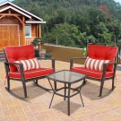 3 PCS Patio Rattan Wicker Furniture Set Rocking Chair Coffee Table W/Red Cushion