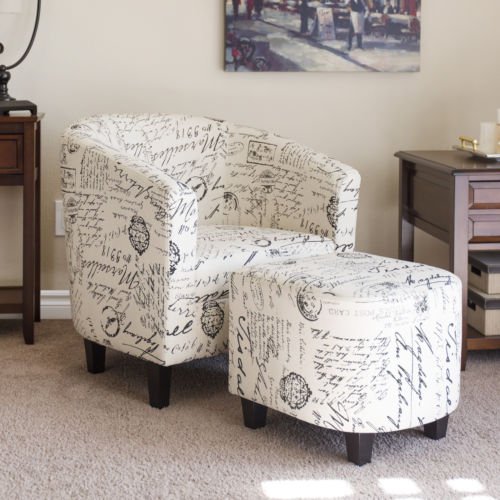 Best Choice Products French Print Barrel Accent Chair w/ Ottoman (White)
