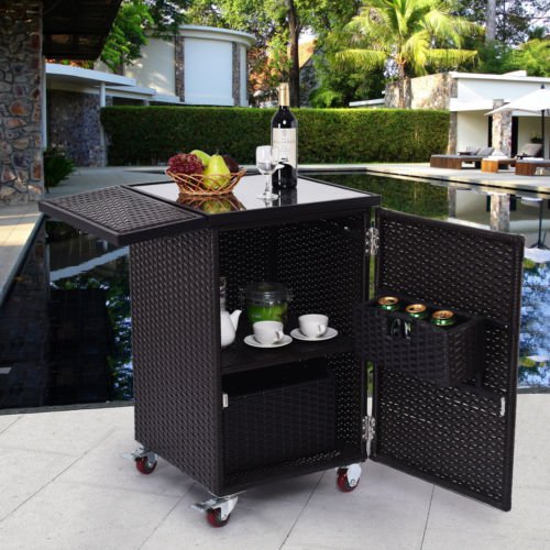Rattan Wicker Kitchen Trolley Cart Patio Roller Dining Storage Glass Stand New