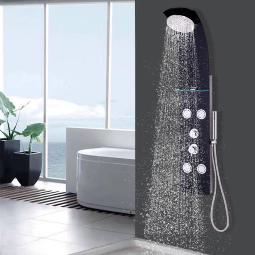 55"" Tempered Glass Rainfall Shower Panel w/ Massage Jets & Hand Shower Black