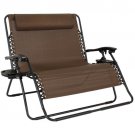 Folding 2 Person Oversized Zero Gravity Lounge Chair W/ 2 Accessory Trays Brown
