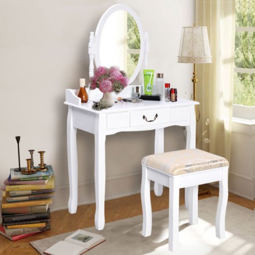Vanity Table Jewelry Makeup Desk Bench Dresser w/ Stool Drawer White New