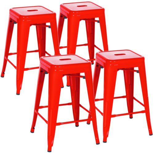 Indoor Outdoor Stackable Backless Set Of 4 Metal 24"" Counter Bar Stools - Red