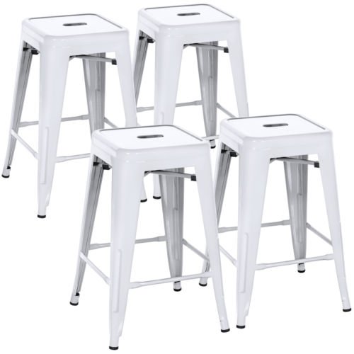 Indoor Outdoor Stackable Backless Set Of 4 Metal 24"" Counter Bar Stools- White