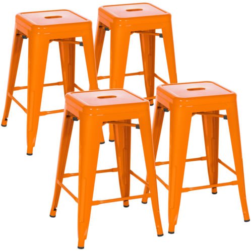 Indoor Outdoor Stackable Backless Set Of 4 Metal 24"" Counter Bar Stools- Orange