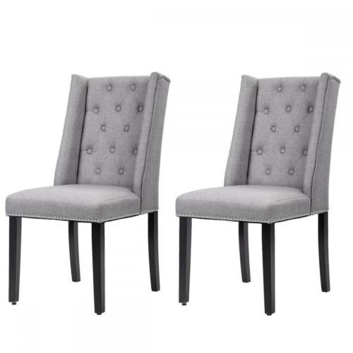 Set of 2 Grey Elegant Dining Side Chairs Button Tufted Fabric w/ Nailhead 8FH