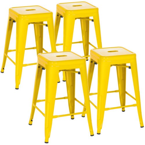 Indoor Outdoor Stackable Backless Set Of 4 Metal 24"" Counter Bar Stools- Yellow