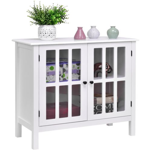 Storage Buffet Cabinet Glass Door Sideboard Console Table Server Display White